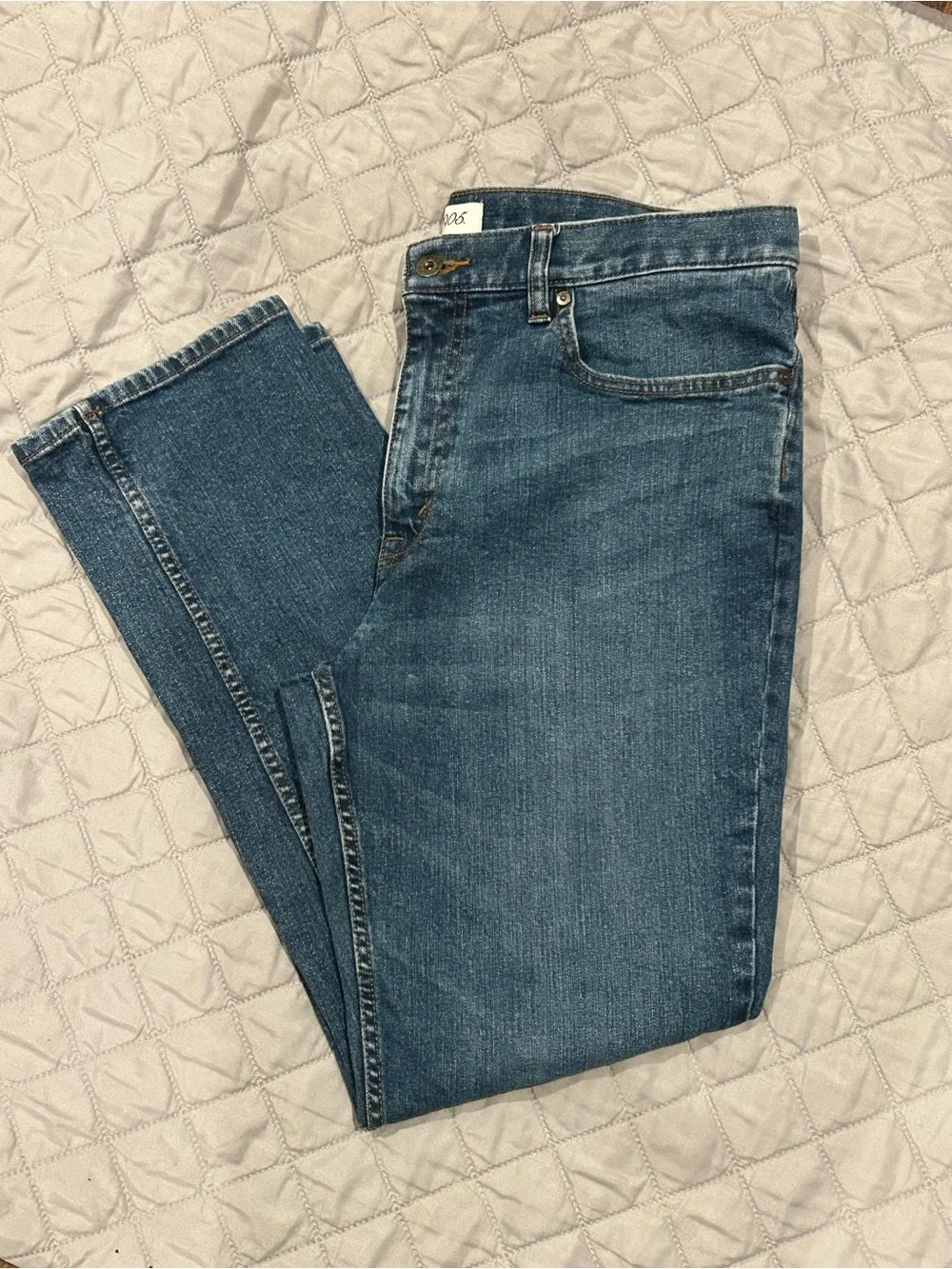J. Crew Tailored Fit Jeans in Medium Blue with Contrast Stitching